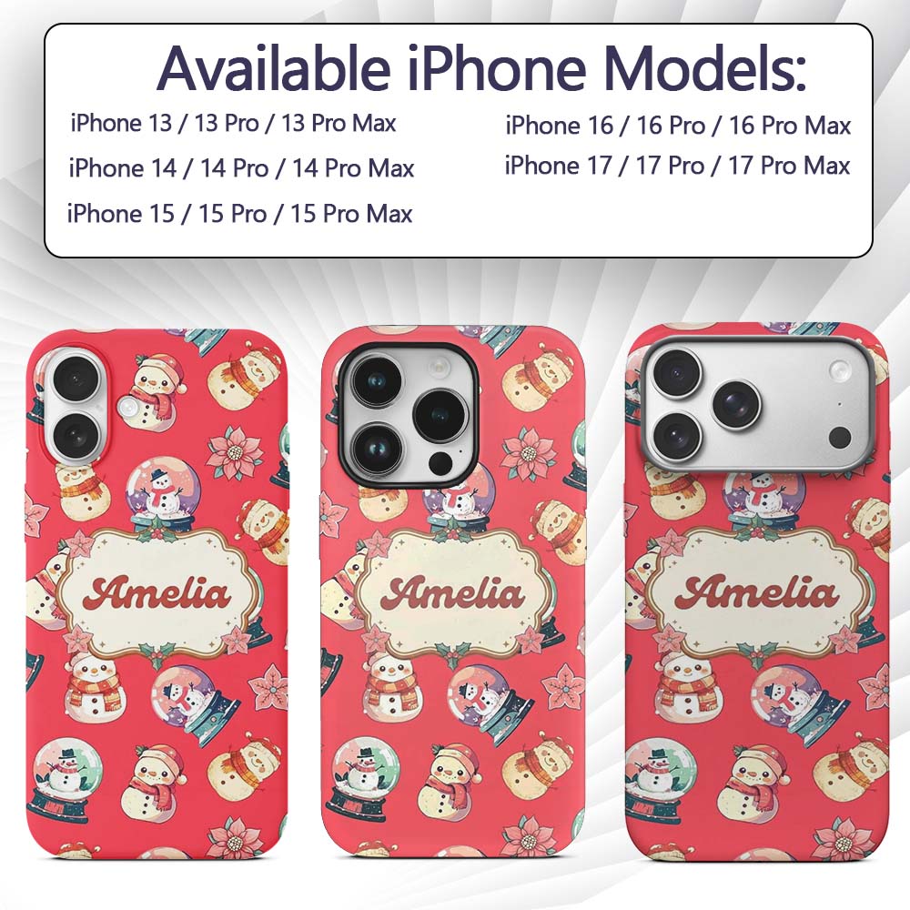 Cute Snowman Snow Globe Poinsettia Printed Design Custom Name Protective Phone Case Mobile Cover Durable Everyday Smartphone Shock Resistant