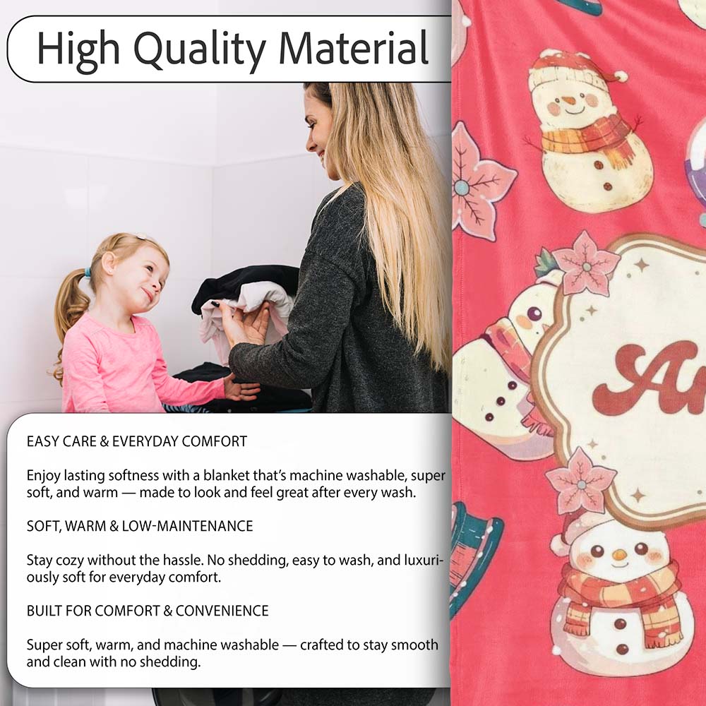 Cute Snowman Snow Globe Poinsettia Winter Christmas on Red  Personalised Custom Name Super Soft Fleece Blanket Bed Sofa Throw