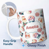 Personalized Custom Name Cute Snowman Snow Globe Poinsettia Christmas on Light Grey 11oz Ceramic Coffee Tea Mug White Large Handle
