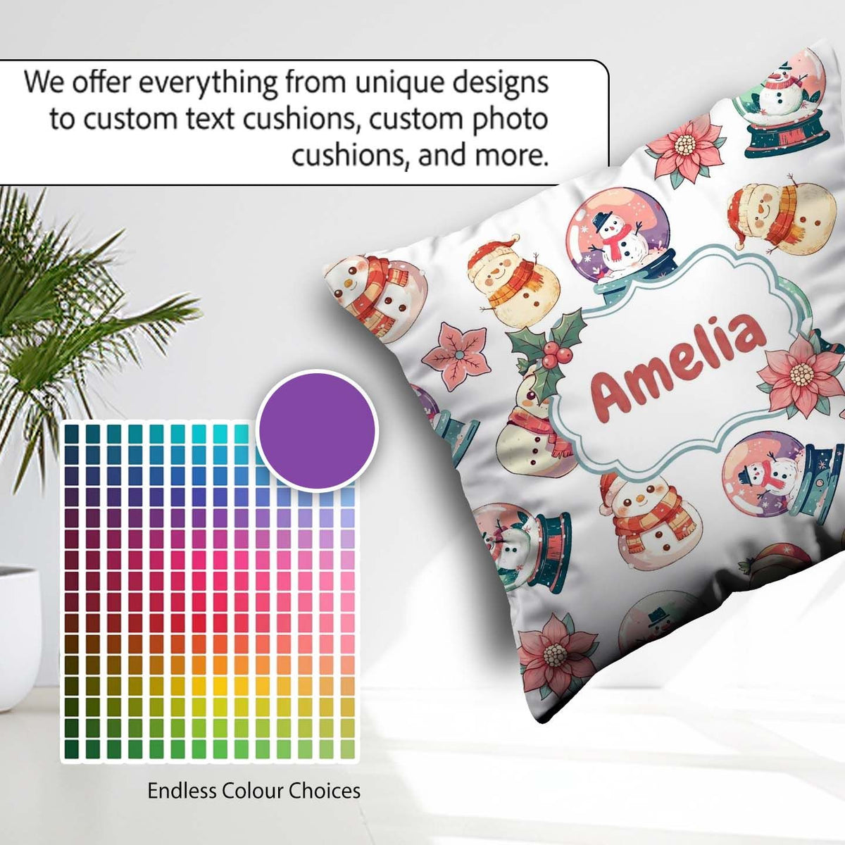 Custom Name Cute Snowman Snow Globe Poinsettia Christmas on Grey Square Filled Cushion Throw Pillow Sofa Bed Home Decor Zip Washable UK Made