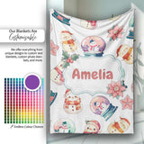 Cute Snowman Snow Globe Poinsettia Christmas on Light Grey  Personalised Custom Name Super Soft Fleece Blanket Bed Sofa Throw