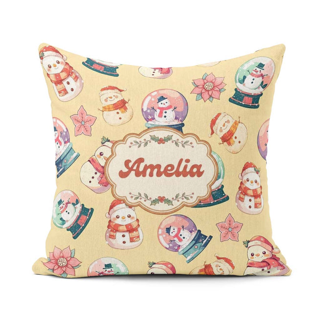 Custom Name Cute Snowman Snow Globe Poinsettia Christmas on Warm Square Filled Cushion Throw Pillow Sofa Bed Home Decor Zip Washable UK Made