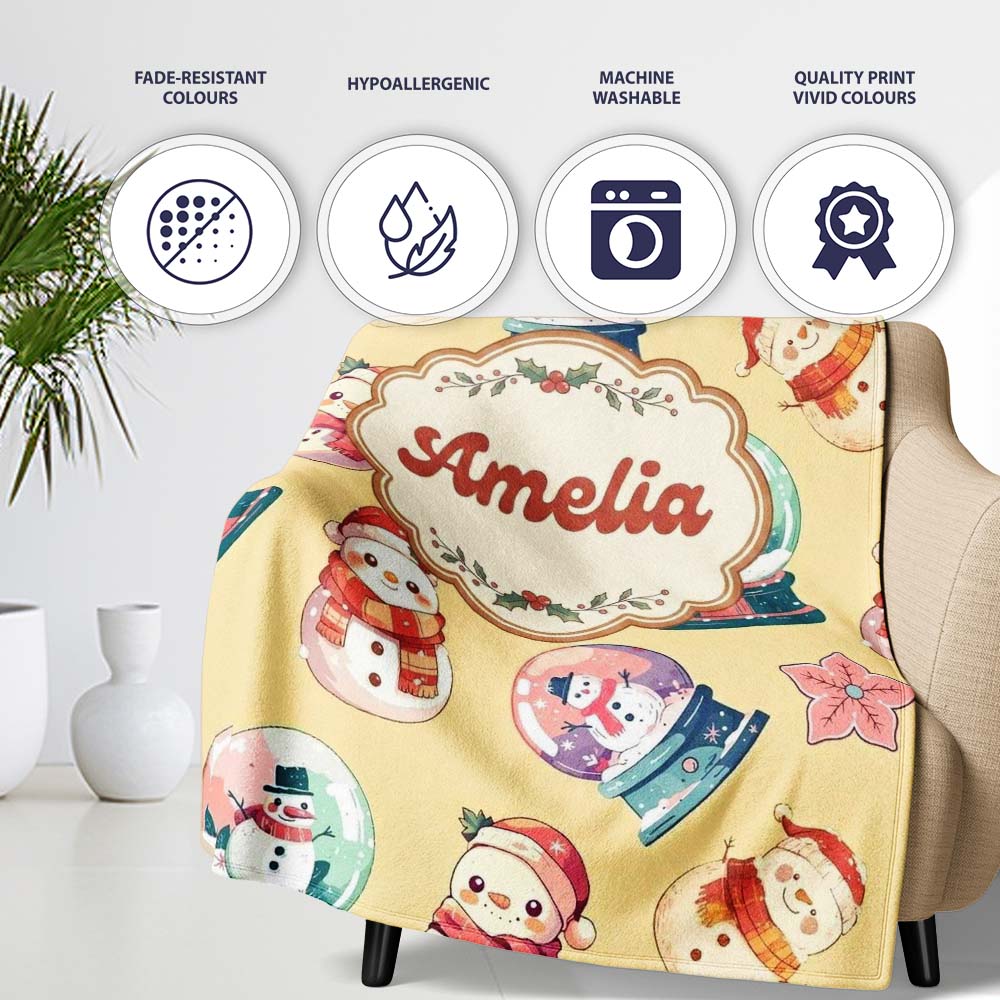 Cute Snowman Snow Globe Poinsettia Christmas on Warm Beige  Personalised Custom Name Super Soft Fleece Blanket Bed Sofa Throw