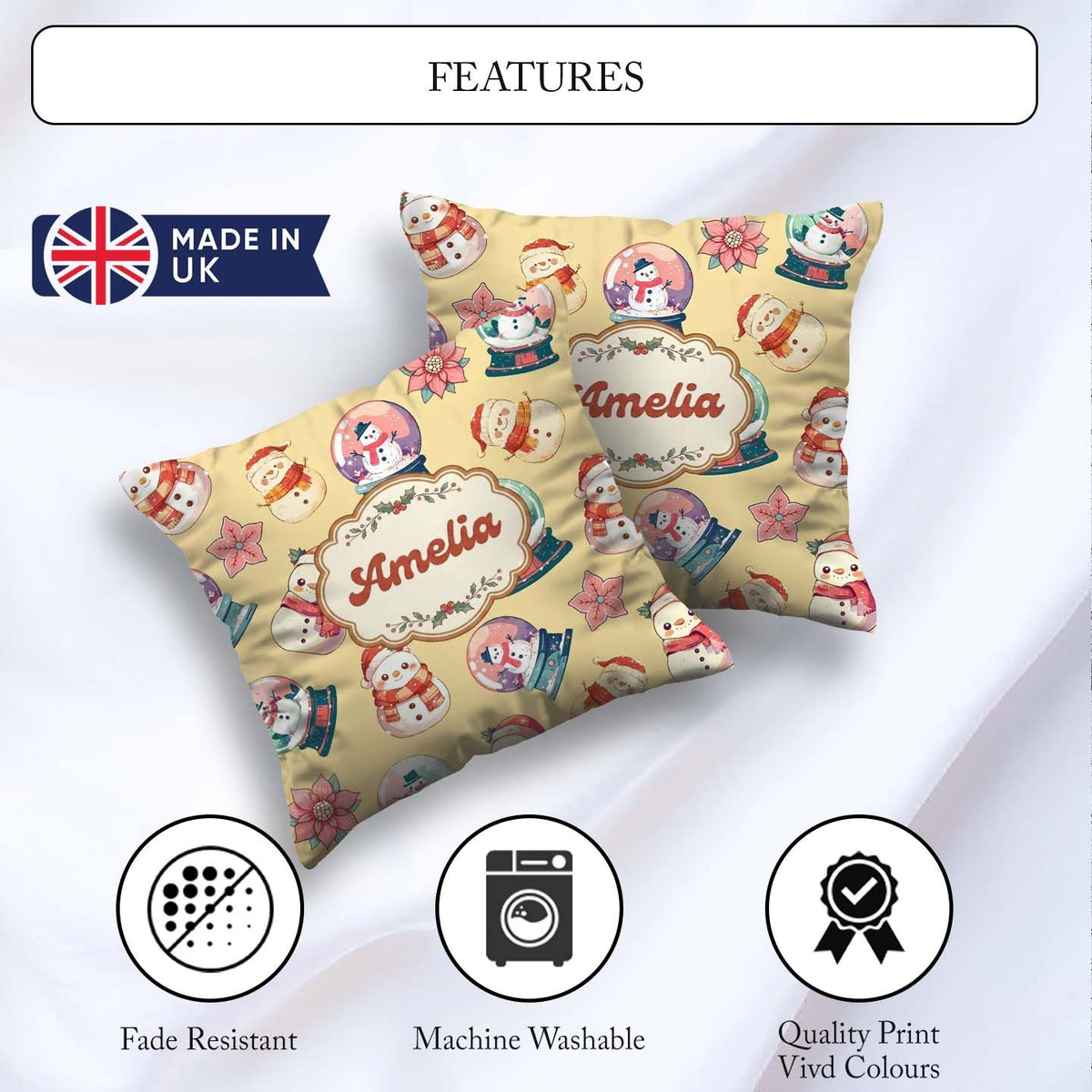 Custom Name Cute Snowman Snow Globe Poinsettia Christmas on Warm Square Filled Cushion Throw Pillow Sofa Bed Home Decor Zip Washable UK Made