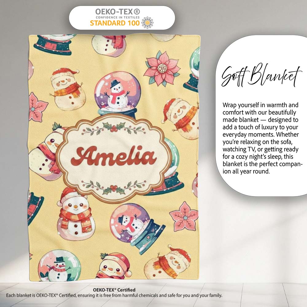 Cute Snowman Snow Globe Poinsettia Christmas on Warm Beige  Personalised Custom Name Super Soft Fleece Blanket Bed Sofa Throw