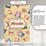 Cute Snowman Snow Globe Poinsettia Christmas on Warm Beige  Personalised Custom Name Super Soft Fleece Blanket Bed Sofa Throw
