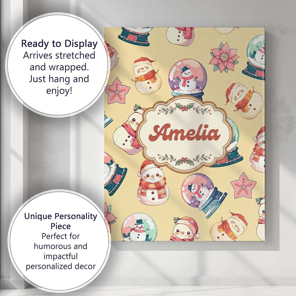 Personalised Name Cute Snowman Snow Globe Custom  Unique Gift Idea Elegant Feature Canvas Wall Art Print Decor Picture Ready to Hang