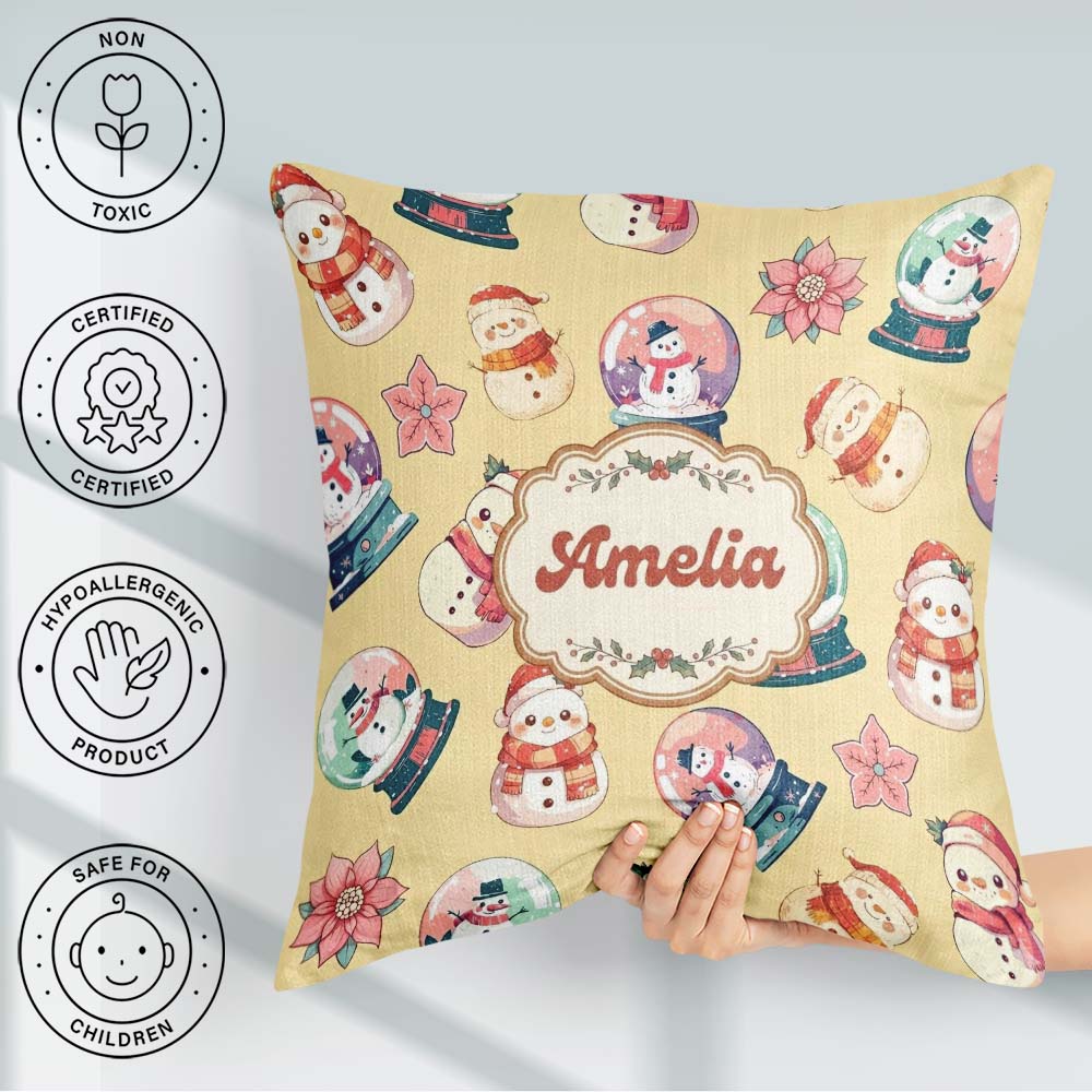 Custom Name Cute Snowman Snow Globe Poinsettia Christmas on Warm Square Filled Cushion Throw Pillow Sofa Bed Home Decor Zip Washable UK Made