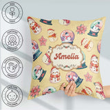 Custom Name Cute Snowman Snow Globe Poinsettia Christmas on Warm Square Filled Cushion Throw Pillow Sofa Bed Home Decor Zip Washable UK Made