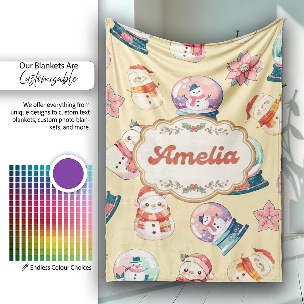 Cute Snowman Snow Globe Poinsettia Christmas on Warm Beige  Personalised Custom Name Super Soft Fleece Blanket Bed Sofa Throw