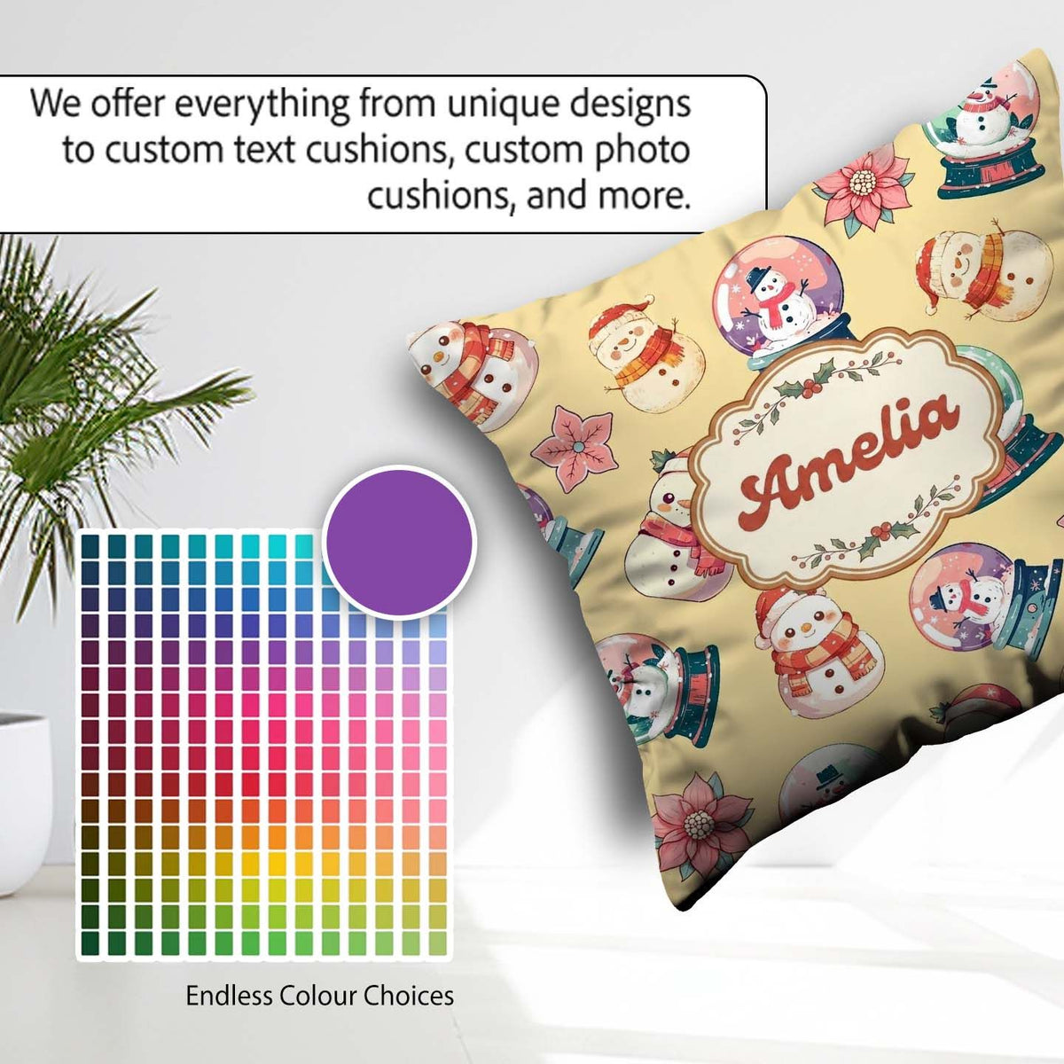 Custom Name Cute Snowman Snow Globe Poinsettia Christmas on Warm Square Filled Cushion Throw Pillow Sofa Bed Home Decor Zip Washable UK Made