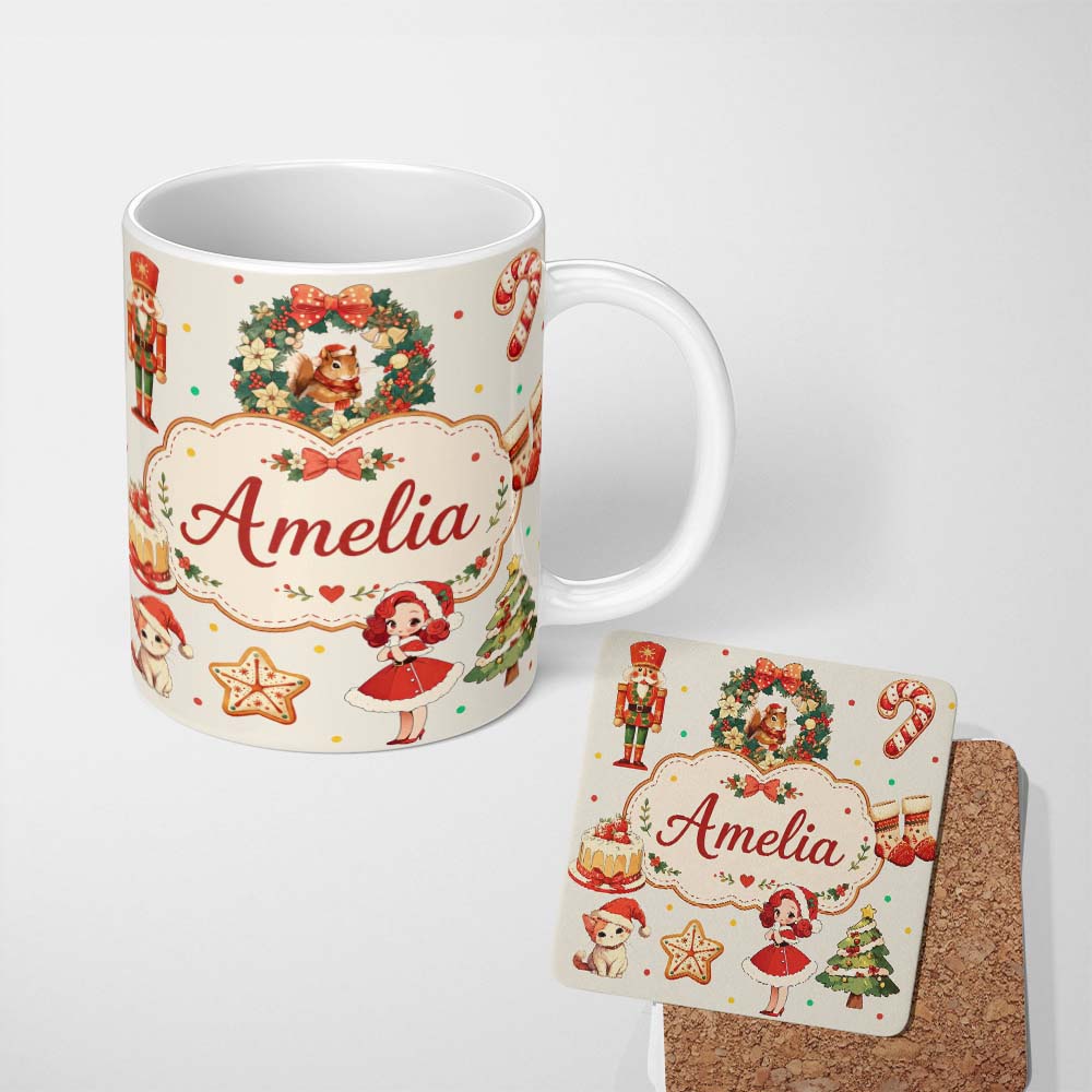 Personalized Custom Name Cute Nutcracker Wreath Cake Girl Christmas Tree on Cream Background 11oz Ceramic Coffee Tea Mug White Large Handle