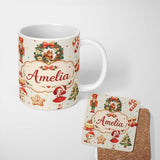 Personalized Custom Name Cute Nutcracker Wreath Cake Girl Christmas Tree on Cream Background 11oz Ceramic Coffee Tea Mug White Large Handle