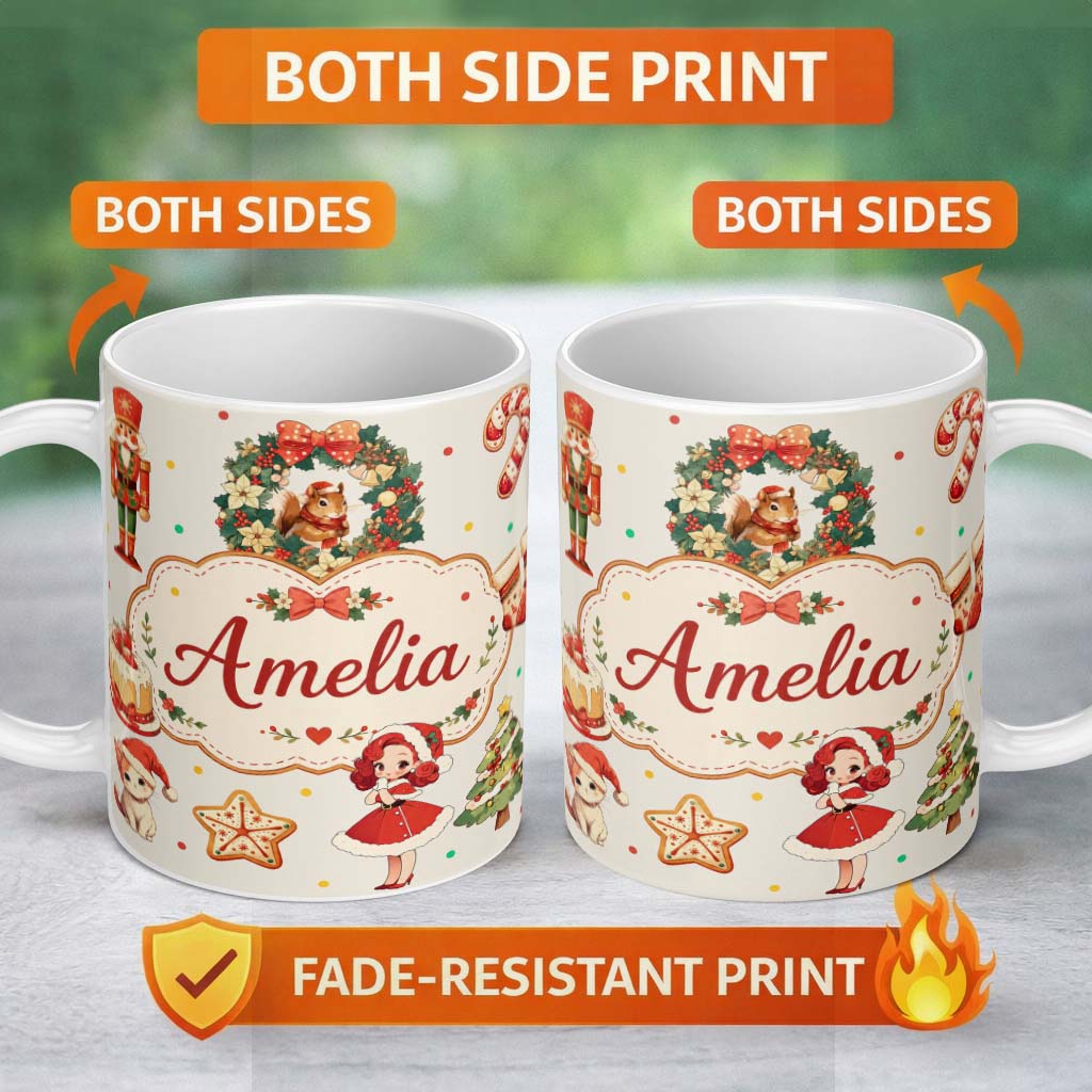 Personalized Custom Name Cute Nutcracker Wreath Cake Girl Christmas Tree on Cream Background 11oz Ceramic Coffee Tea Mug White Large Handle