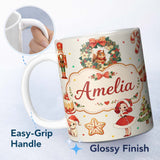 Personalized Custom Name Cute Nutcracker Wreath Cake Girl Christmas Tree on Cream Background 11oz Ceramic Coffee Tea Mug White Large Handle