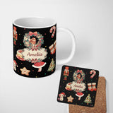 Personalized Custom Name Cute Nutcracker Wreath Cake Girl Christmas Tree on Black Background 11oz Ceramic Coffee Tea Mug White Large Handle