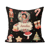 Custom Name Nutcracker Wreath Cake Girl Tree on Black Background Square Filled Cushion Throw Pillow Sofa Bed Home Decor Zip Washable UK Made