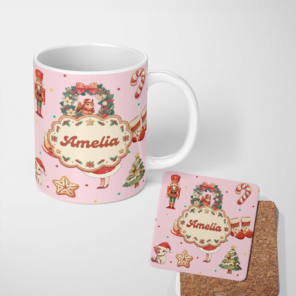 Personalized Custom Name Nutcracker Wreath Cake Girl Christmas Tree on Soft Pink Background 11oz Ceramic Coffee Tea Mug White Large Handle