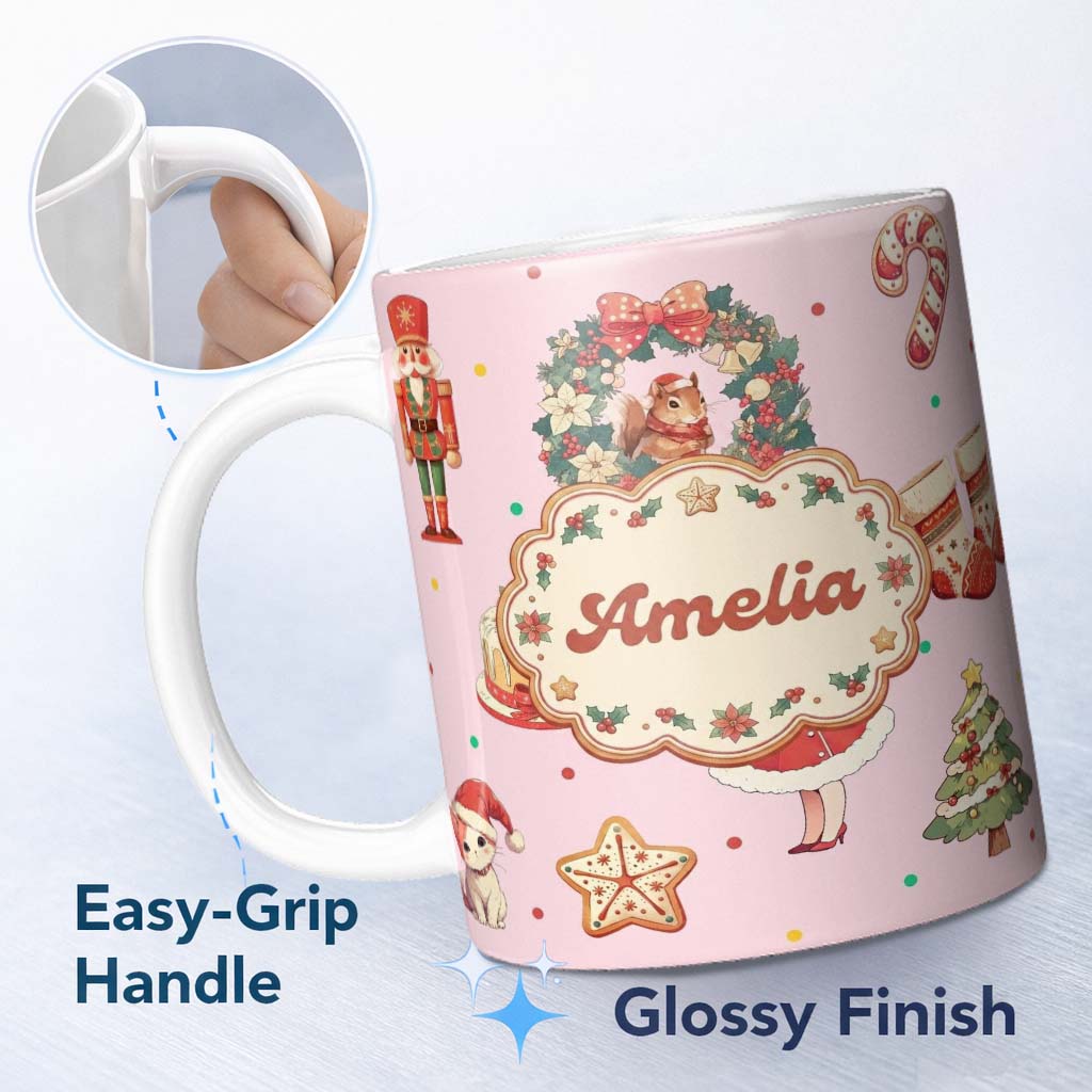 Personalized Custom Name Nutcracker Wreath Cake Girl Christmas Tree on Soft Pink Background 11oz Ceramic Coffee Tea Mug White Large Handle