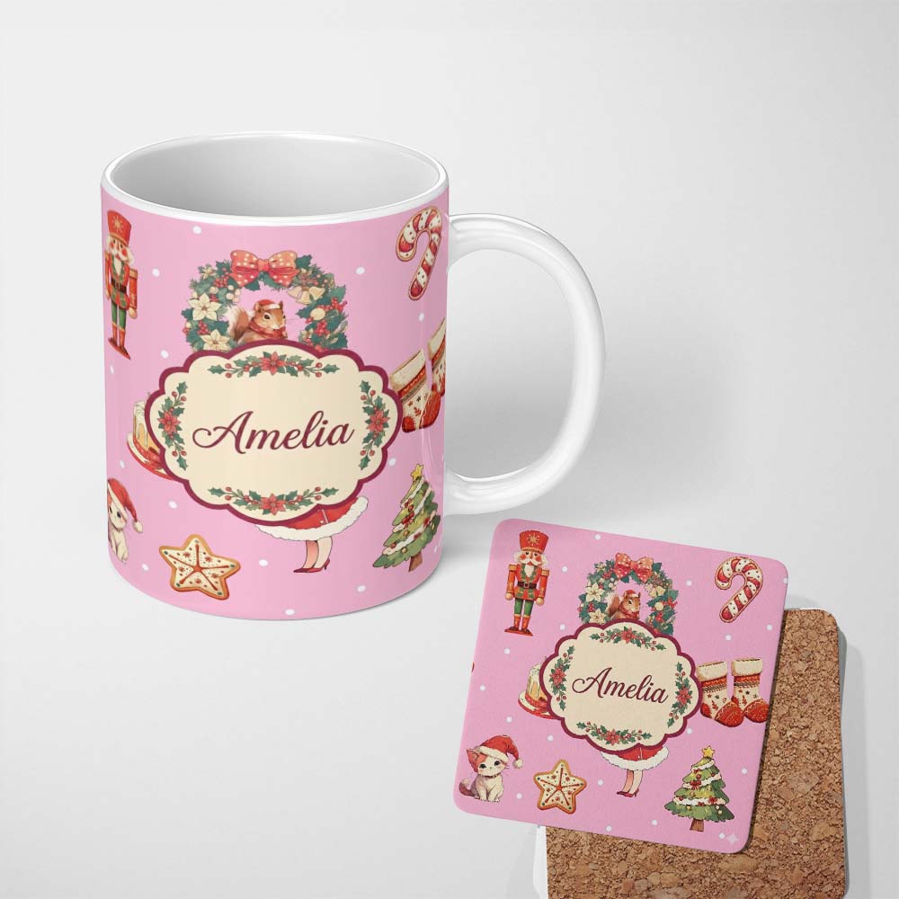 Personalized Custom Name Nutcracker Wreath Cake Girl on Pink Background with Polka Dots 11oz Ceramic Coffee Tea Mug White Large Handle
