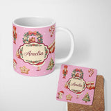Personalized Custom Name Nutcracker Wreath Cake Girl on Pink Background with Polka Dots 11oz Ceramic Coffee Tea Mug White Large Handle