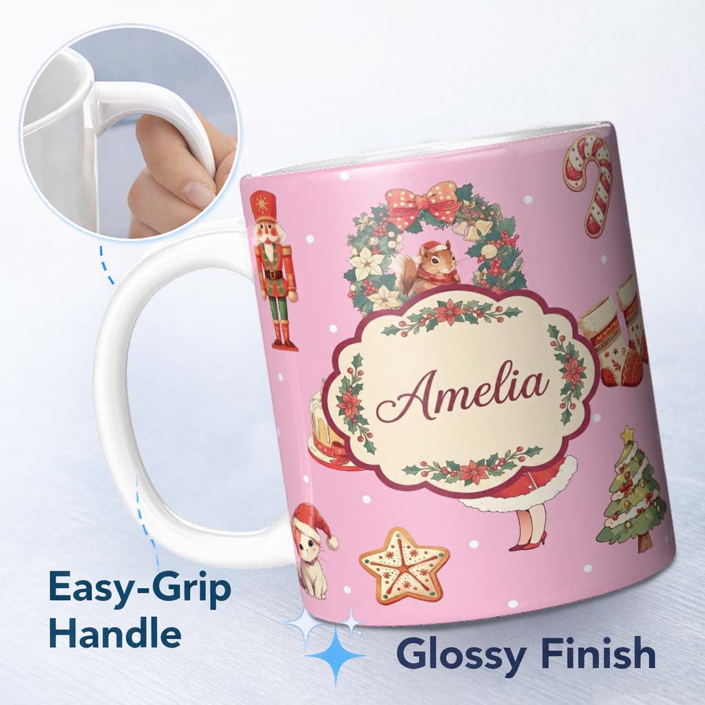 Personalized Custom Name Nutcracker Wreath Cake Girl on Pink Background with Polka Dots 11oz Ceramic Coffee Tea Mug White Large Handle