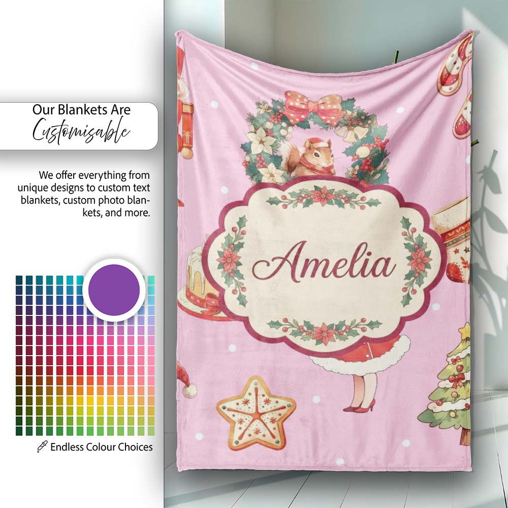 Nutcracker Wreath Cake Girl on Pink Background with Polka Dots  Personalised Custom Name Super Soft Fleece Blanket Bed Sofa Throw