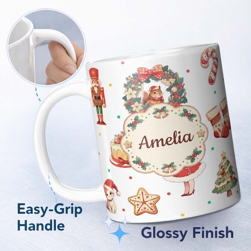 Personalized Custom Name Nutcracker Wreath Cake Girl Christmas Tree on Light Grey Background 11oz Ceramic Coffee Tea Mug White Large Handle