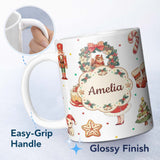 Personalized Custom Name Nutcracker Wreath Cake Girl Christmas Tree on Light Grey Background 11oz Ceramic Coffee Tea Mug White Large Handle