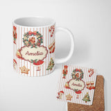 Personalized Custom Name Nutcracker Wreath Cake Girl Christmas Tree on Beige Stripe 11oz Ceramic Coffee Tea Mug White Large Handle