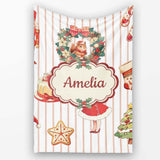 Nutcracker Wreath Cake Girl Christmas Tree on Beige Stripe  Personalised Custom Name Super Soft Fleece Blanket Bed Sofa Throw