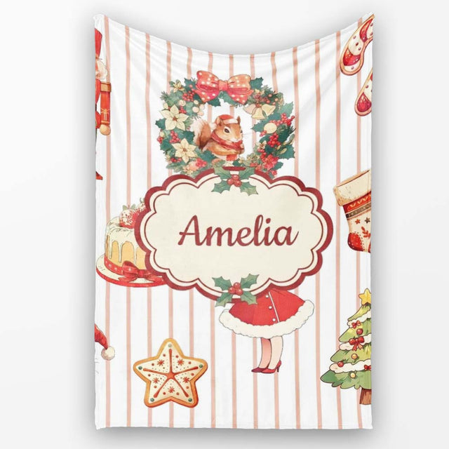 Nutcracker Wreath Cake Girl Christmas Tree on Beige Stripe  Personalised Custom Name Super Soft Fleece Blanket Bed Sofa Throw
