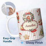 Personalized Custom Name Nutcracker Wreath Cake Girl Christmas Tree on Beige Stripe 11oz Ceramic Coffee Tea Mug White Large Handle