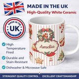 Personalized Custom Name Nutcracker Wreath Cake Girl Christmas Tree on Beige Stripe 11oz Ceramic Coffee Tea Mug White Large Handle