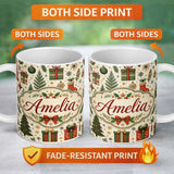 Personalized Custom Name Festive Christmas Trees Baubles Gifts Seamless Pattern Holiday 11oz Ceramic Coffee Tea Mug White Large Handle