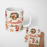 Personalized Custom Name Nutcracker Wreath Cake Girl Christmas Tree on Green Stripe 11oz Ceramic Coffee Tea Mug White Large Handle