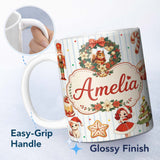 Personalized Custom Name Nutcracker Wreath Cake Girl Christmas Tree on Green Stripe 11oz Ceramic Coffee Tea Mug White Large Handle