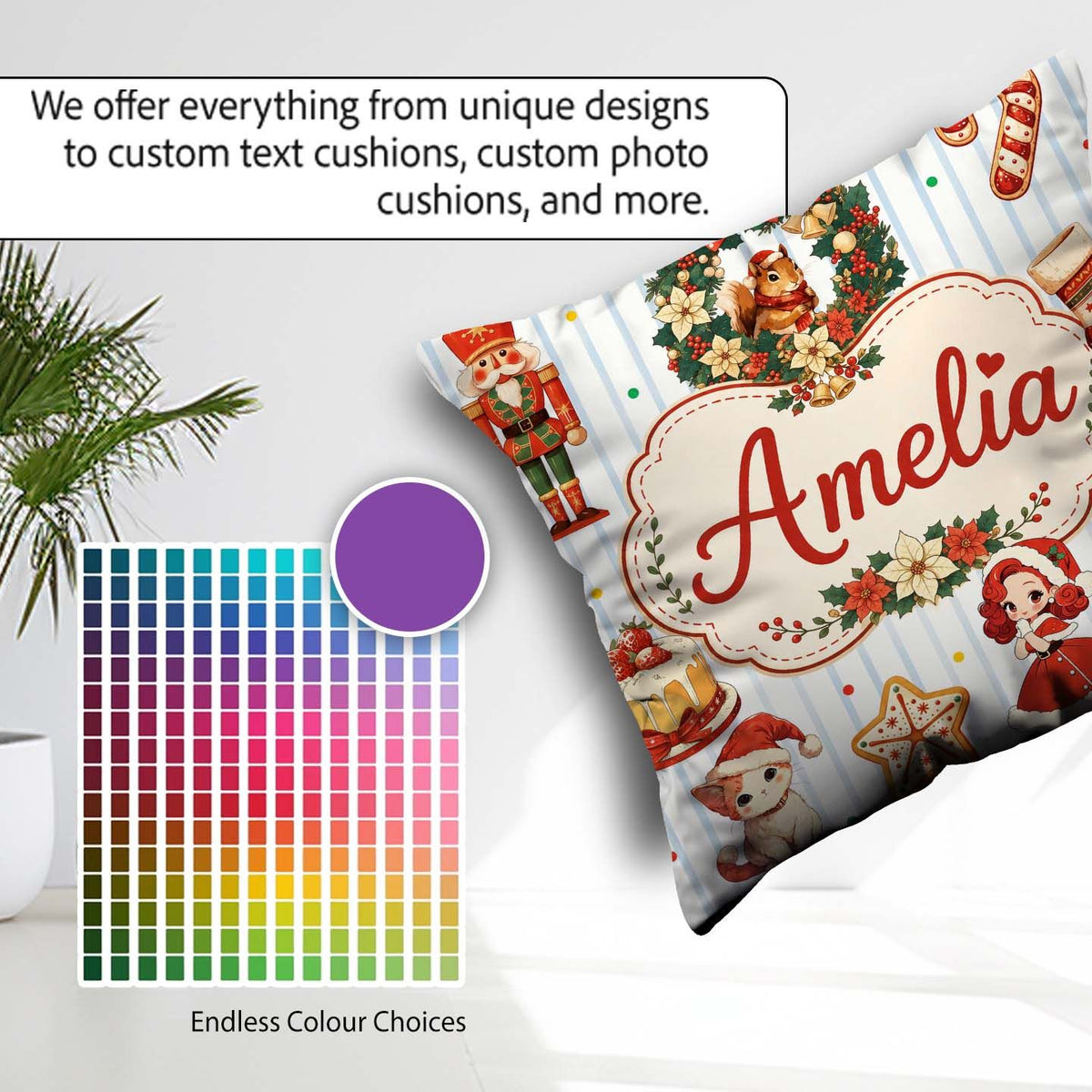 Custom Name Nutcracker Wreath Cake Girl Christmas Tree on Stripe Square Filled Cushion Throw Pillow Sofa Bed Home Decor Zip Washable UK Made