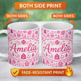 Personalized Custom Name Cute Pink Christmas Folk Art Seamless Pattern Thoughtful Gift Idea 11oz Ceramic Coffee Tea Mug White Large Handle