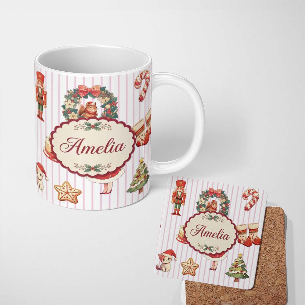 Personalized Custom Name Nutcracker Wreath Cake Girl Christmas Tree on Pink Stripe 11oz Ceramic Coffee Tea Mug White Large Handle