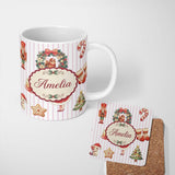 Personalized Custom Name Nutcracker Wreath Cake Girl Christmas Tree on Pink Stripe 11oz Ceramic Coffee Tea Mug White Large Handle