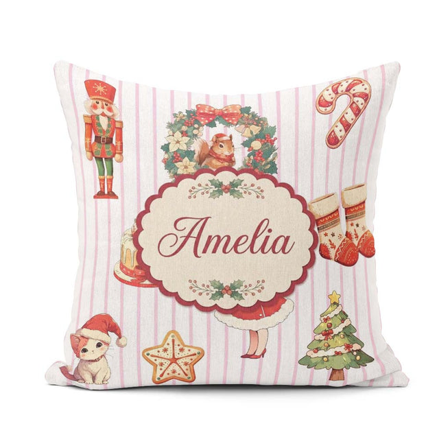 Custom Name Nutcracker Wreath Cake Girl Christmas Tree on Stripe Square Filled Cushion Throw Pillow Sofa Bed Home Decor Zip Washable UK Made
