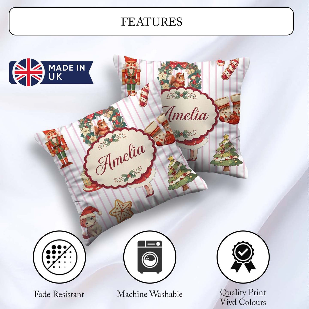 Custom Name Nutcracker Wreath Cake Girl Christmas Tree on Stripe Square Filled Cushion Throw Pillow Sofa Bed Home Decor Zip Washable UK Made