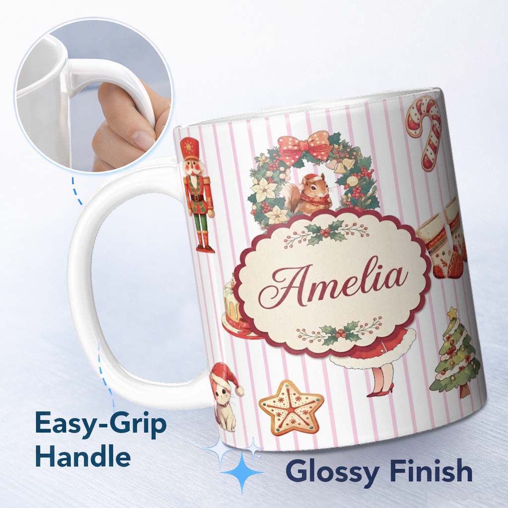 Personalized Custom Name Nutcracker Wreath Cake Girl Christmas Tree on Pink Stripe 11oz Ceramic Coffee Tea Mug White Large Handle