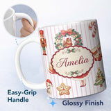 Personalized Custom Name Nutcracker Wreath Cake Girl Christmas Tree on Pink Stripe 11oz Ceramic Coffee Tea Mug White Large Handle