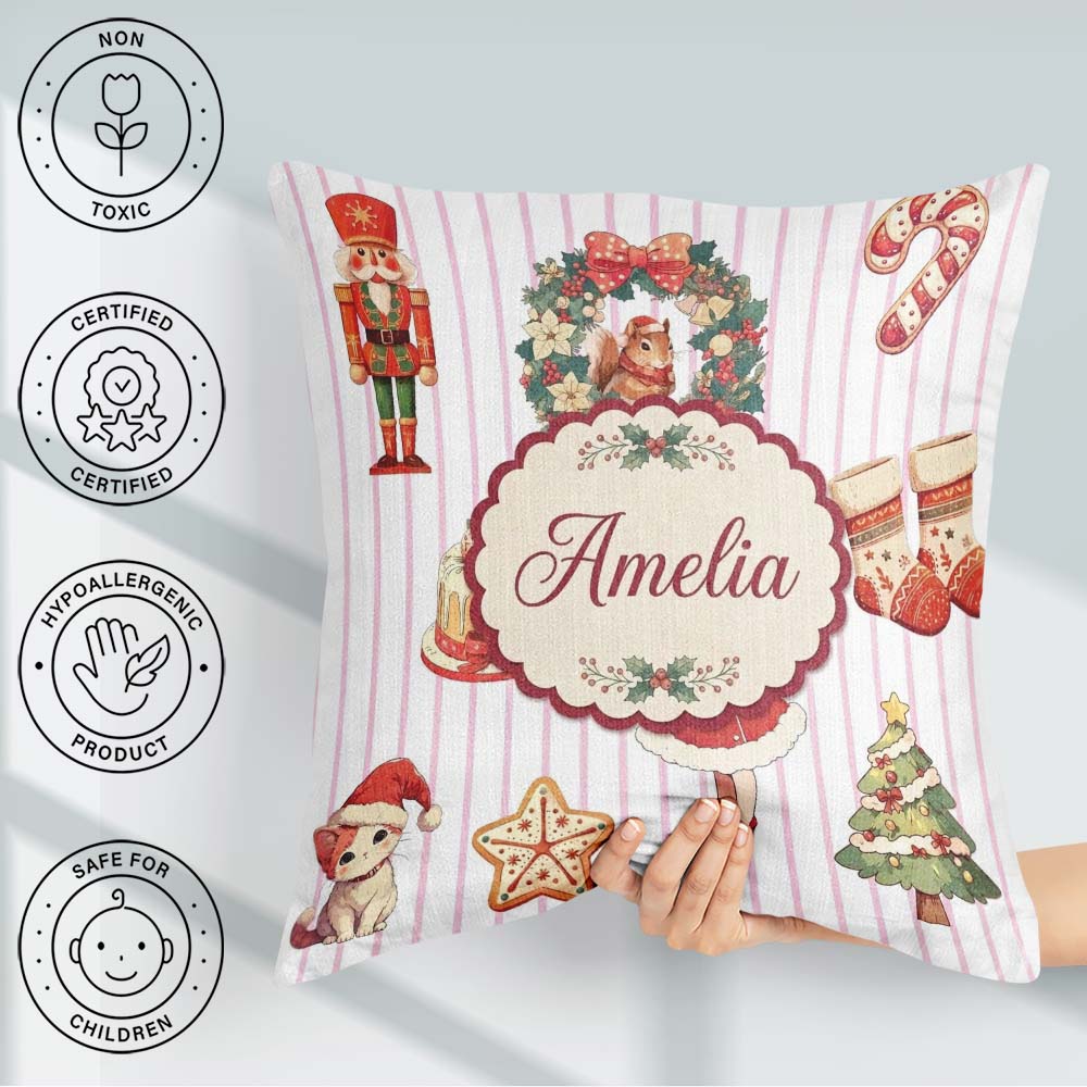 Custom Name Nutcracker Wreath Cake Girl Christmas Tree on Stripe Square Filled Cushion Throw Pillow Sofa Bed Home Decor Zip Washable UK Made