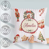 Custom Name Nutcracker Wreath Cake Girl Christmas Tree on Stripe Square Filled Cushion Throw Pillow Sofa Bed Home Decor Zip Washable UK Made