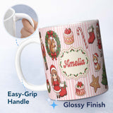 Personalized Custom Name Nutcracker Wreath Cake Girl Christmas Tree on Red Stripe Background 11oz Ceramic Coffee Tea Mug White Large Handle