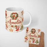 Personalized Custom Name Nutcracker Wreath Cake Girl Christmas Tree on Beige Stripe 11oz Ceramic Coffee Tea Mug White Large Handle