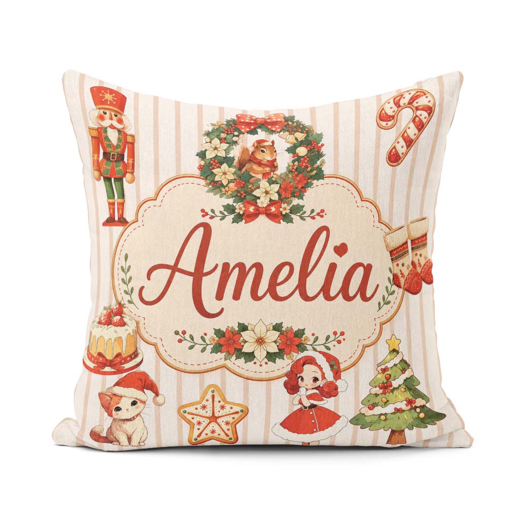 Custom Name Nutcracker Wreath Cake Girl Christmas Tree on Stripe Square Filled Cushion Throw Pillow Sofa Bed Home Decor Zip Washable UK Made